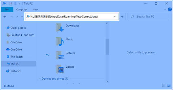 De locatie van het logboekbestand in Windows Verkenner 