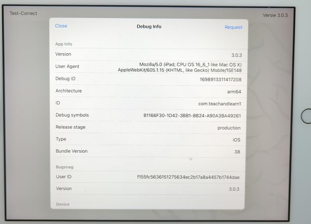 Debug Info iPadOS app Test-Correct